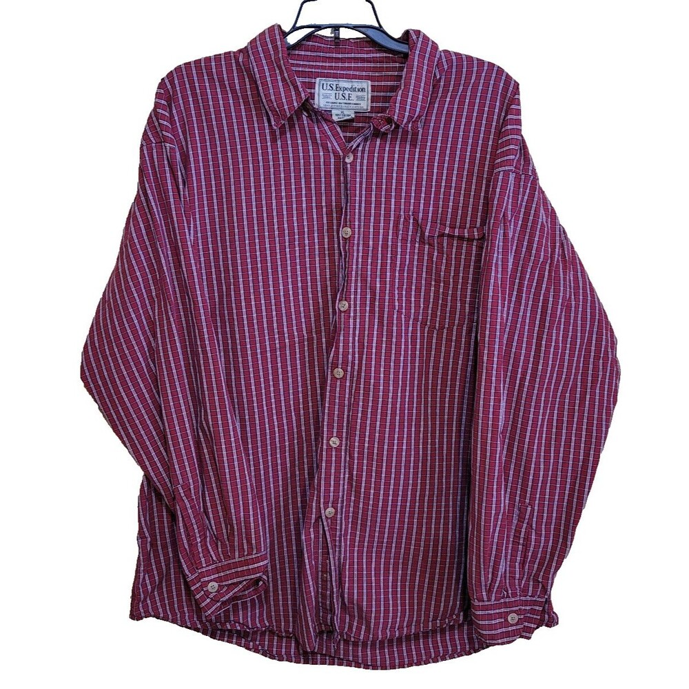 US Expedition Men's Long Sleeve Button Down Shirt Red Plaid Flannel XL Cotton